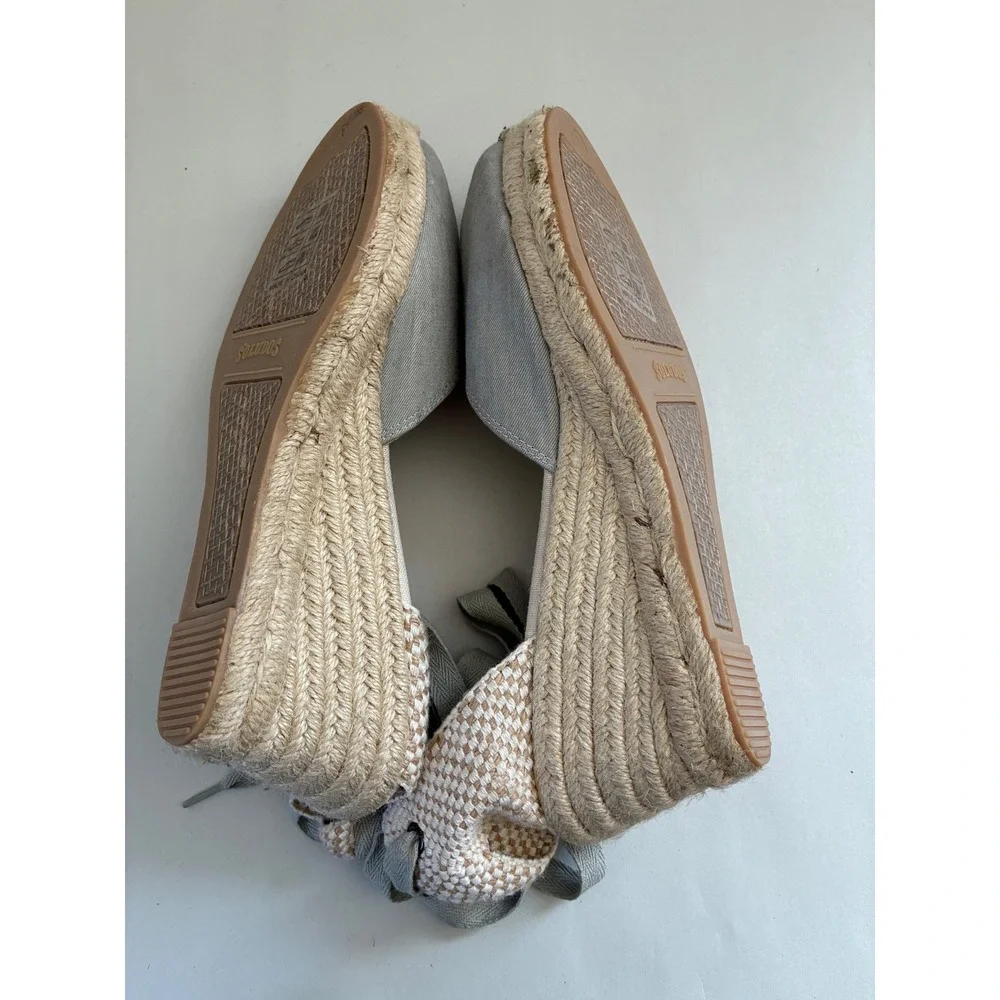 Soludos Womens Tall Wedge Espadrille Grey Canvas Ankle Tie Sandals 10